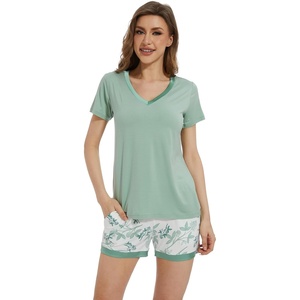image:imageWiWi Viscose from Bamboo Pajamas Set for Women Super Soft Short Sleeve Cooling Summer Plus Size Pjs Sets Sleepwear S4XBsage Greengreen Leaf
