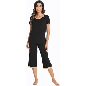 image:imageWiWi Viscose from Bamboo Pajamas Set for Women Super Soft Short Sleeve Tops Capri Pants Sleepwear Cooling Pjs Sets S3XAblack