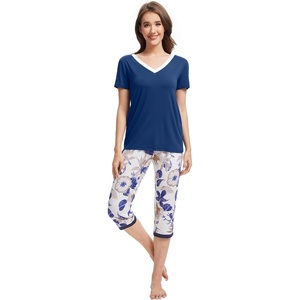 image:imageWiWi Viscose from Bamboo Pajamas Set for Women Super Soft Short Sleeve Tops Capri Pants Sleepwear Cooling Pjs Sets S3XBblue Depth Flower
