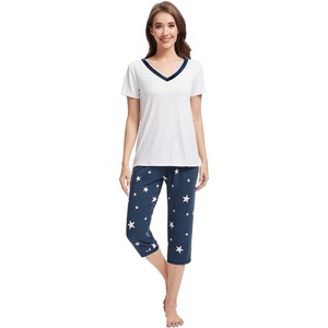 image:imageWiWi Viscose from Bamboo Pajamas Set for Women Super Soft Short Sleeve Tops Capri Pants Sleepwear Cooling Pjs Sets S3XBraw WhiteDark Navy Star