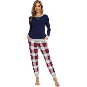 image:imageWiWi Viscose from Bamboo Womens Pajama Set Crew Neck Soft LongSleeve Top  Yoga Pants Sets with Pocket SXXLNavynavyRed Plaid
