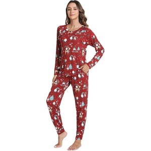 image:imageWiWi Viscose from Bamboo Womens Pajama Set Soft Long Sleeve Pajamas Sets SXXLChristmas Elk on Red