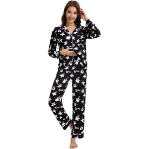 image:imageWiWi Viscose from Bamboo Womens Pajamas Set Super Soft Button Down Top and Pants Sleepwear Cooling Pjs S3XAwhite Ghost on Black