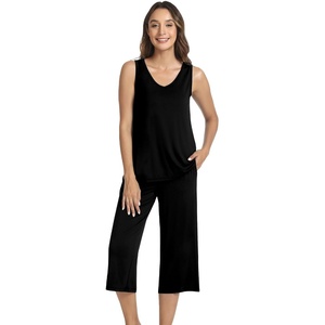 image:imageWiWi Women Pajama Set Sleeveless Top with Capri Pants Viscose from Bamboo Super Soft VNeck Tank Cooling PJ Sets SXXLAblack