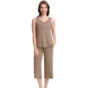 image:imageWiWi Women Pajama Set Sleeveless Top with Capri Pants Viscose from Bamboo Super Soft VNeck Tank Cooling PJ Sets SXXLAcamel