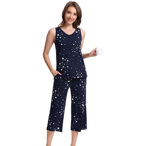 image:imageWiWi Women Pajama Set Sleeveless Top with Capri Pants Viscose from Bamboo Super Soft VNeck Tank Cooling PJ Sets SXXLAnavy Stars