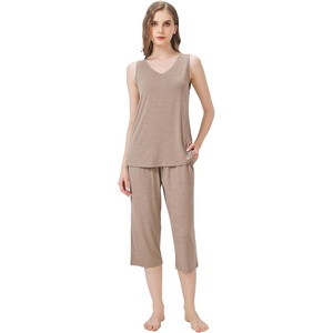 image:imageWiWi Women Pajama Set Sleeveless Top with Capri Pants Viscose from Bamboo Super Soft VNeck Tank Cooling PJ Sets SXXLBcamel