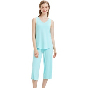 image:imageWiWi Women Pajama Set Sleeveless Top with Capri Pants Viscose from Bamboo Super Soft VNeck Tank Cooling PJ Sets SXXLCaqua
