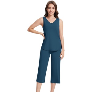 image:imageWiWi Women Pajama Set Sleeveless Top with Capri Pants Viscose from Bamboo Super Soft VNeck Tank Cooling PJ Sets SXXLCink Blue