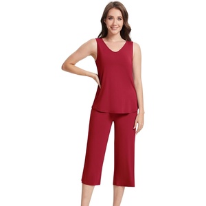 image:imageWiWi Women Pajama Set Sleeveless Top with Capri Pants Viscose from Bamboo Super Soft VNeck Tank Cooling PJ Sets SXXLCwine Red