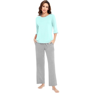 image:imageWiWi Womens 34 Sleeve Pajamas Set Soft Cooling Bamboo Viscose Top with Pants Sleepwear Plus Size Pjs S4X with PocketsAaquaheather Grey