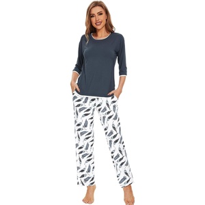 image:imageWiWi Womens 34 Sleeve Pajamas Set Soft Cooling Bamboo Viscose Top with Pants Sleepwear Plus Size Pjs S4X with PocketsAgreen Feather