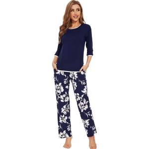 image:imageWiWi Womens 34 Sleeve Pajamas Set Soft Cooling Bamboo Viscose Top with Pants Sleepwear Plus Size Pjs S4X with PocketsAnavy Floral