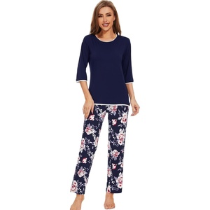 image:imageWiWi Womens 34 Sleeve Pajamas Set Soft Cooling Bamboo Viscose Top with Pants Sleepwear Plus Size Pjs S4X with PocketsAnavyPeony