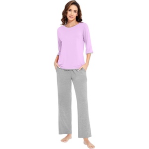 image:imageWiWi Womens 34 Sleeve Pajamas Set Soft Cooling Bamboo Viscose Top with Pants Sleepwear Plus Size Pjs S4X with PocketsApurpleheather Grey