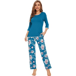 image:imageWiWi Womens 34 Sleeve Pajamas Set Soft Cooling Bamboo Viscose Top with Pants Sleepwear Plus Size Pjs S4X with PocketsAteal BluePeony