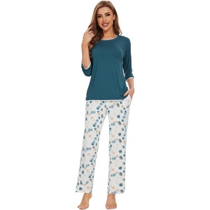 image:imageWiWi Womens 34 Sleeve Pajamas Set Soft Cooling Bamboo Viscose Top with Pants Sleepwear Plus Size Pjs S4X with PocketsAwhiteGreen Dots
