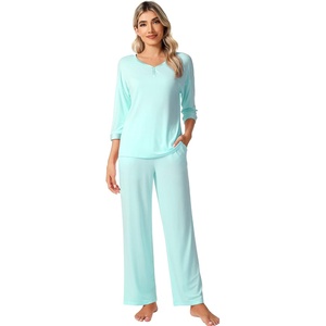 image:imageWiWi Womens 34 Sleeve Pajamas Set Soft Cooling Bamboo Viscose Top with Pants Sleepwear Plus Size Pjs S4X with PocketsBaqua