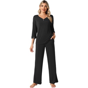 image:imageWiWi Womens 34 Sleeve Pajamas Set Soft Cooling Bamboo Viscose Top with Pants Sleepwear Plus Size Pjs S4X with PocketsBblack