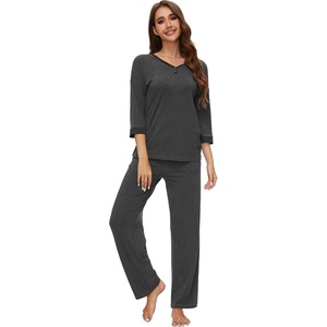image:imageWiWi Womens 34 Sleeve Pajamas Set Soft Cooling Bamboo Viscose Top with Pants Sleepwear Plus Size Pjs S4X with PocketsBcharcoal Heather
