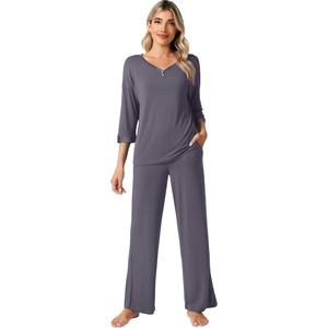 image:imageWiWi Womens 34 Sleeve Pajamas Set Soft Cooling Bamboo Viscose Top with Pants Sleepwear Plus Size Pjs S4X with PocketsBdark Grey