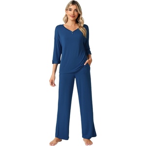 image:imageWiWi Womens 34 Sleeve Pajamas Set Soft Cooling Bamboo Viscose Top with Pants Sleepwear Plus Size Pjs S4X with PocketsBink Blue