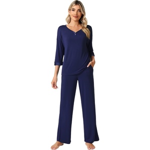 image:imageWiWi Womens 34 Sleeve Pajamas Set Soft Cooling Bamboo Viscose Top with Pants Sleepwear Plus Size Pjs S4X with PocketsBnavy