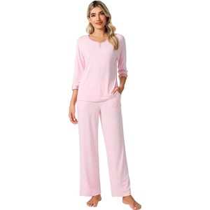 image:imageWiWi Womens 34 Sleeve Pajamas Set Soft Cooling Bamboo Viscose Top with Pants Sleepwear Plus Size Pjs S4X with PocketsBpink
