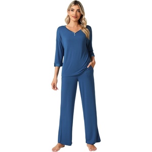 image:imageWiWi Womens 34 Sleeve Pajamas Set Soft Cooling Bamboo Viscose Top with Pants Sleepwear Plus Size Pjs S4X with PocketsBprussian Blue