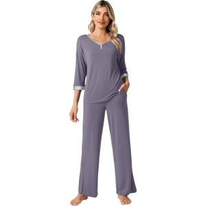 image:imageWiWi Womens 34 Sleeve Pajamas Set Soft Cooling Bamboo Viscose Top with Pants Sleepwear Plus Size Pjs S4X with PocketsBpurplish Grey