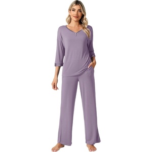 image:imageWiWi Womens 34 Sleeve Pajamas Set Soft Cooling Bamboo Viscose Top with Pants Sleepwear Plus Size Pjs S4X with PocketsBviolet