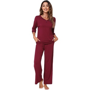 image:imageWiWi Womens 34 Sleeve Pajamas Set Soft Cooling Bamboo Viscose Top with Pants Sleepwear Plus Size Pjs S4X with PocketsBwine