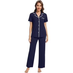 image:imageWiWi Womens Pajama Set Button Down Sleepwear Soft Bamboo Viscose Loungewear with Pockets 2 Piece PJ Sleepwear SXXLAnavy