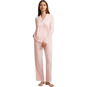image:imageWiWi Womens Pajama Set Button Down Sleepwear Soft Bamboo Viscose Loungewear with Pockets 2 Piece PJ Sleepwear SXXLBcream Pink
