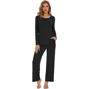 image:imageWiWi Womens Pajama Set Comfy Long Sleeve Tee Pants Sleepwear Soft Viscose from Bamboo 2 Piece Nightwear Pjs SXXLAblack