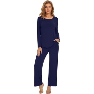 image:imageWiWi Womens Pajama Set Comfy Long Sleeve Tee Pants Sleepwear Soft Viscose from Bamboo 2 Piece Nightwear Pjs SXXLAnavy