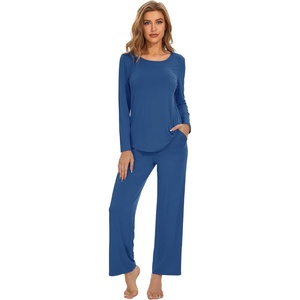 image:imageWiWi Womens Pajama Set Comfy Long Sleeve Tee Pants Sleepwear Soft Viscose from Bamboo 2 Piece Nightwear Pjs SXXLAprussian Blue