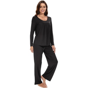 image:imageWiWi Womens Pajama Set Comfy Long Sleeve Tee Pants Sleepwear Soft Viscose from Bamboo 2 Piece Nightwear Pjs SXXLBblack