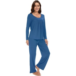 image:imageWiWi Womens Pajama Set Comfy Long Sleeve Tee Pants Sleepwear Soft Viscose from Bamboo 2 Piece Nightwear Pjs SXXLBprussian Blue