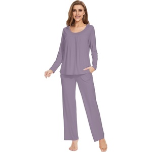 image:imageWiWi Womens Pajama Set Comfy Long Sleeve Tee Pants Sleepwear Soft Viscose from Bamboo 2 Piece Nightwear Pjs SXXLBviolet