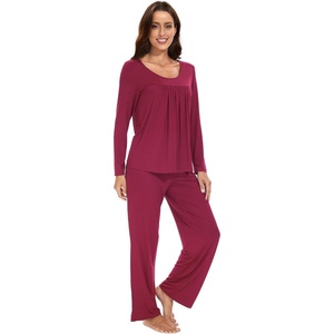image:imageWiWi Womens Pajama Set Comfy Long Sleeve Tee Pants Sleepwear Soft Viscose from Bamboo 2 Piece Nightwear Pjs SXXLBwine