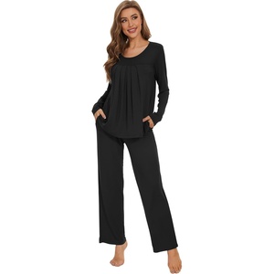 image:imageWiWi Womens Pajama Set Comfy Long Sleeve Tee Pants Sleepwear Soft Viscose from Bamboo 2 Piece Nightwear Pjs SXXLCblack