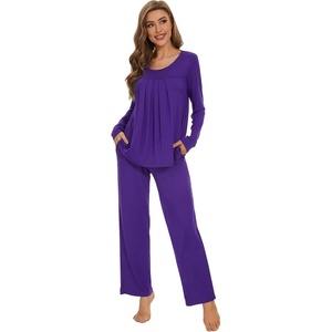 image:imageWiWi Womens Pajama Set Comfy Long Sleeve Tee Pants Sleepwear Soft Viscose from Bamboo 2 Piece Nightwear Pjs SXXLCdark Purple
