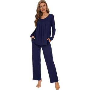 image:imageWiWi Womens Pajama Set Comfy Long Sleeve Tee Pants Sleepwear Soft Viscose from Bamboo 2 Piece Nightwear Pjs SXXLCnavy