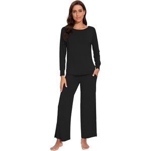 image:imageWiWi Womens Pajama Set Comfy Long Sleeve Tee Pants Sleepwear Soft Viscose from Bamboo 2 Piece Nightwear Pjs SXXLDblack