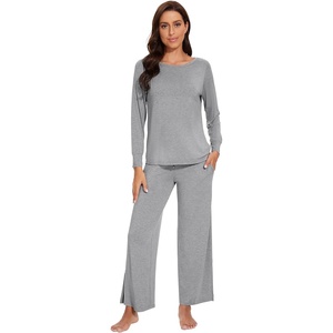 image:imageWiWi Womens Pajama Set Comfy Long Sleeve Tee Pants Sleepwear Soft Viscose from Bamboo 2 Piece Nightwear Pjs SXXLDheather Grey