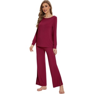 image:imageWiWi Womens Pajama Set Comfy Long Sleeve Tee Pants Sleepwear Soft Viscose from Bamboo 2 Piece Nightwear Pjs SXXLDwine