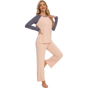 image:imageWiWi Womens Pajama Set Comfy Long Sleeve Tee Pants Sleepwear Soft Viscose from Bamboo 2 Piece Nightwear Pjs SXXLEbeigeDark Grey
