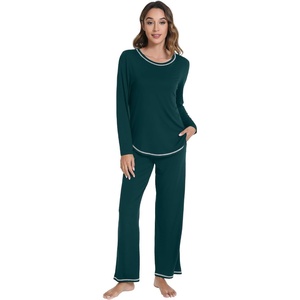 image:imageWiWi Womens Pajama Set Comfy Long Sleeve Tee Pants Sleepwear Soft Viscose from Bamboo 2 Piece Nightwear Pjs SXXLFpeacock Green