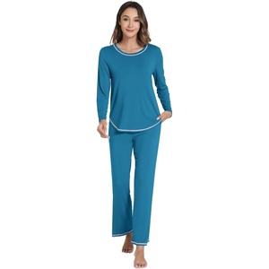 image:imageWiWi Womens Pajama Set Comfy Long Sleeve Tee Pants Sleepwear Soft Viscose from Bamboo 2 Piece Nightwear Pjs SXXLFteal Blue